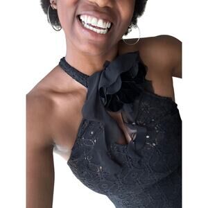 UO Kimchi Blue High Neck Cutout Black Lace Flower Detail Midi Dress Size M